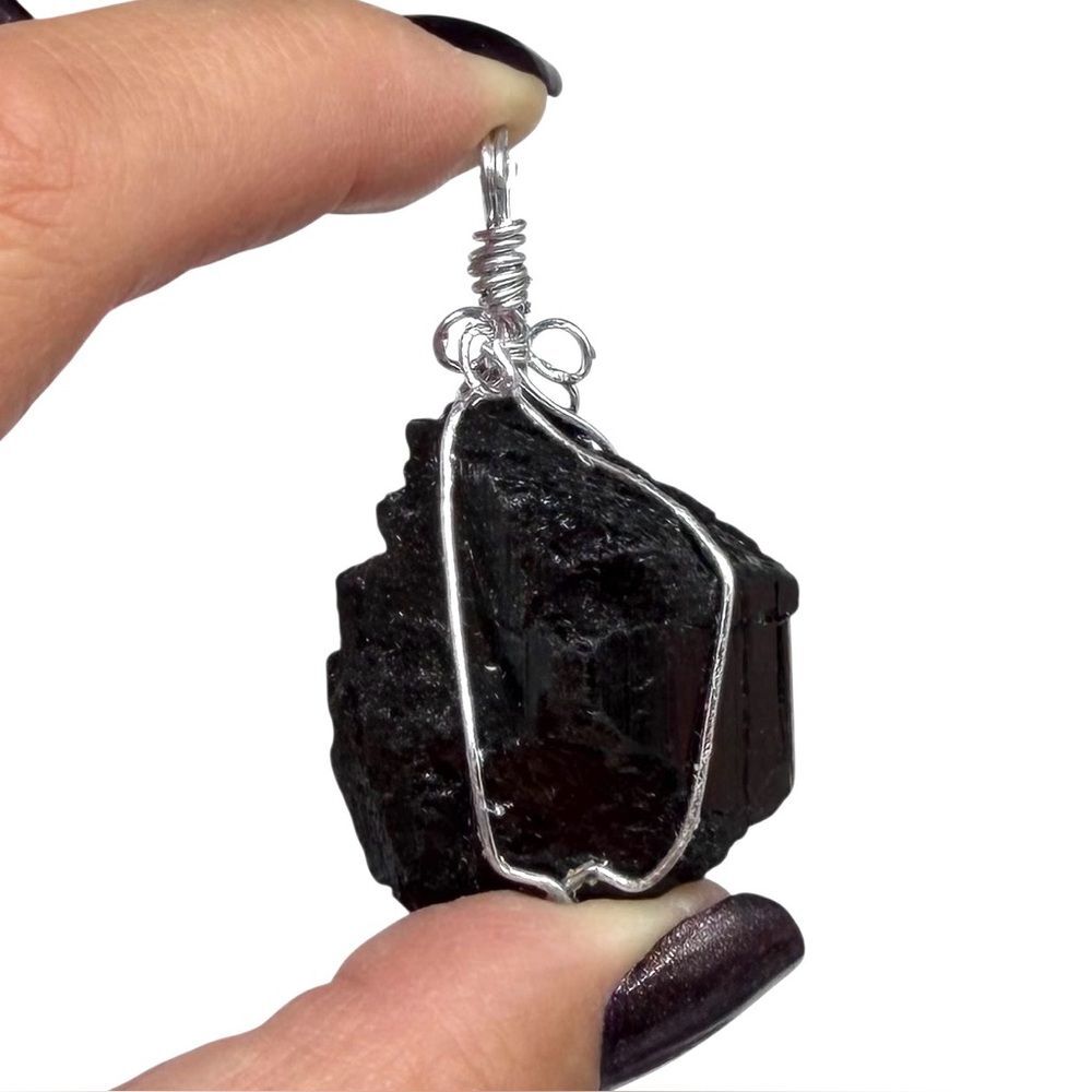 Raw Black Tourmaline Wire Wrapped Necklace Pendant Rough Natural Stone Crystal